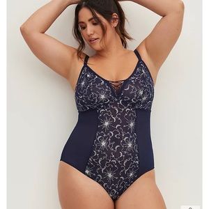 Torrid Navy Blue & Sliver Stars Embroidered Mesh Wireless Bodysuit NWT